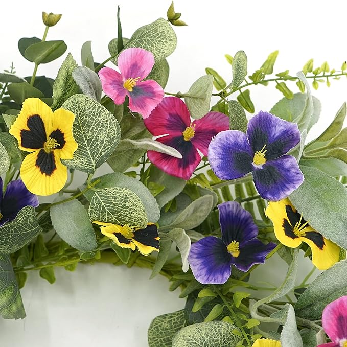 Artificial Spring Summer Wreath with Pansy Flowers,Flocked Lamb Ear Leaves,Eucalyptus Leaves,Fern Branches for Front Door Indoor Outdoor Farmhouse Wall Holiday Decor, White Gift Box Included