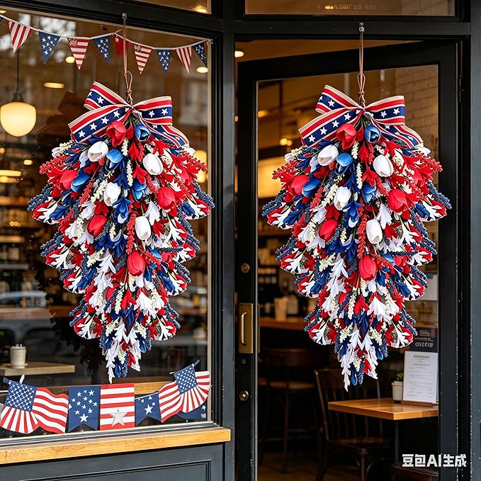 2 Pack 21'' Patriotic Teardrop Swag Wreaths for Cabinets Artificial 4th of July Swag Wreath with Red White Blue Tulips Floral and Berries for Independence Day Memorial Day Front Door Porch Window Wall