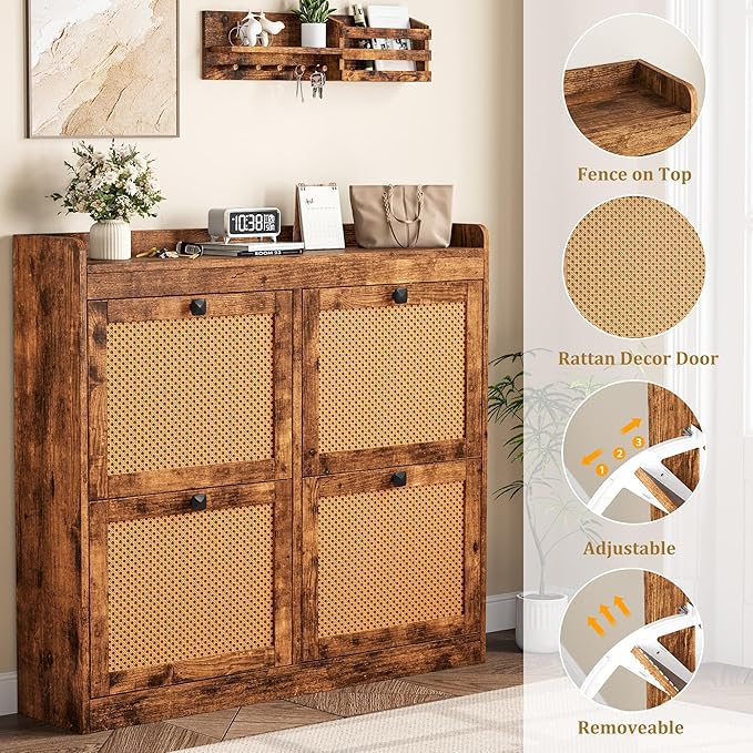 GarveeHome Shoe Cabinet Rattan with 4 Flip Drawers, Wooden Freestanding Shoe Organizer with Adjustable Shelves, Shoe Storage for Entryway, Closet, Hallway
