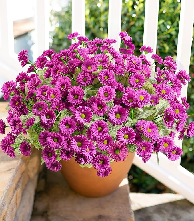 HyeFlora Artificial Flowers for Outdoors Spring Summer Outside Decor, 6 Bundles Fake Daisy Realistic Silk Flowers UV Resistant Outdoor Faux Plants for Planter Front Door Porch Balcony Yard, Fuchsia