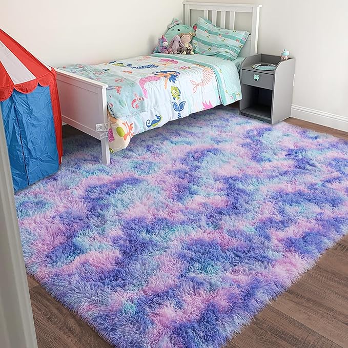 Rugs for Living Room 8x10, Soft Shaggy Modern Shag Area Rug for Bedroom, Upgrade Non-Slip Plush Fluffy Carpet for Kids Boys Girls Room Home Decor Aesthetic, Rainbow Purple