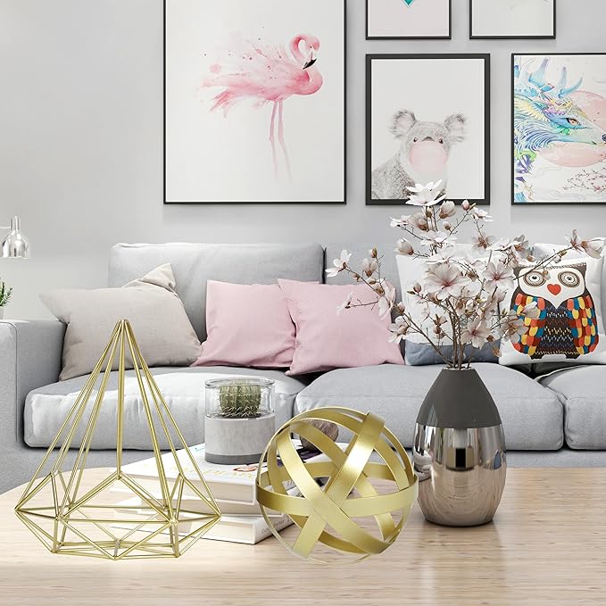 Gold Decor for Living Room Bedroom Bookshelf Coffee Table, Modern Style Figurine Decorative Ornaments Home Decor for Shelves (4.5" Modern Decorative Ball)