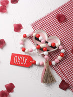 Valentine’s Day Wood Bead Garland with Tassels and XOXO Wooden Embellishments Rustic Farmhouse Tiered Tray Wedding Decorations Home Decor (Red & White XOXO)