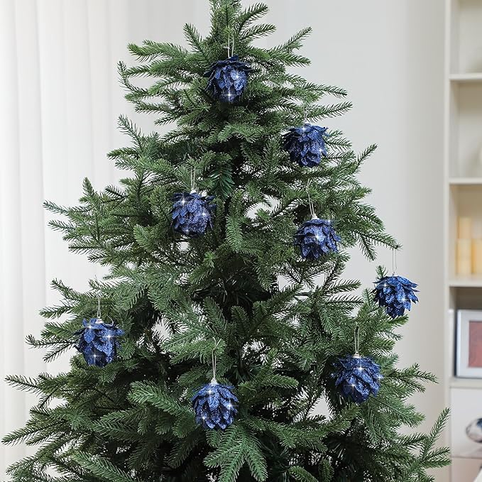Jetec 8 Pieces Christmas Ornaments Glitter Christmas Tree Hanging Decoration Decorative Artificial Pine Cones Flowers Hanging Ornaments for Winter Wreath Holiday Decor(Navy Blue)