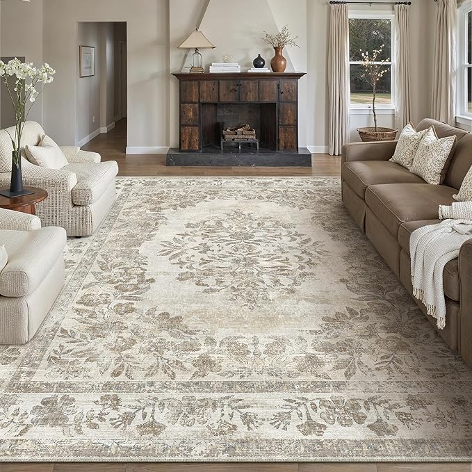 6x9 Area Rug Beige Washable Vintage Distressed Living Room Carpet Large Bedroom Indoor Medallion Floral Non Slip Retro Throw Floor Mat for Office Dining Room Kitchen Bathroom