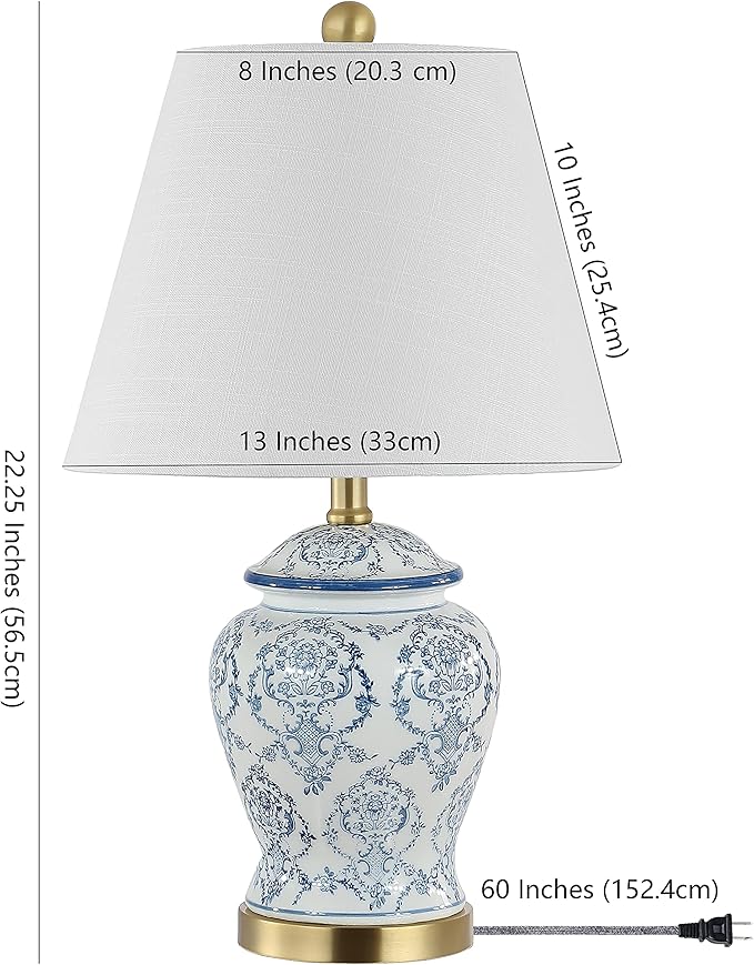 JONATHAN Y 22.25" Blue/White Chinoiserie Ceramic Urn Table Lamp, Traditional Classic Nightstand Lamp for Living Room Bedroom, White Linen Shade, LED Bulb Included JYL3085A