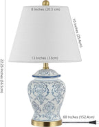 JONATHAN Y 22.25" Blue/White Chinoiserie Ceramic Urn Table Lamp, Traditional Classic Nightstand Lamp for Living Room Bedroom, White Linen Shade, LED Bulb Included JYL3085A