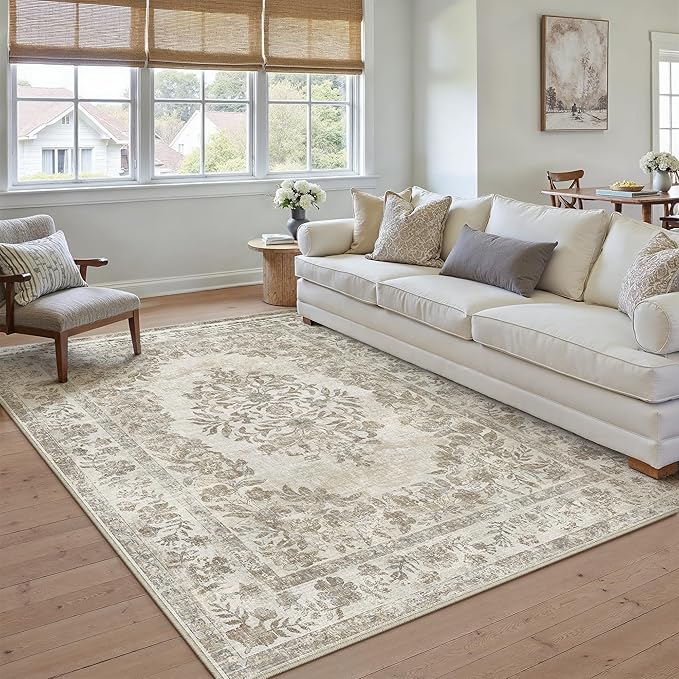 9x12 Area Rug Beige Washable Vintage Distressed Living Room Carpet Large Bedroom Indoor Medallion Floral Non Slip Retro Throw Floor Mat for Office Dining Room Kitchen Bathroom
