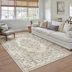 9x12 Area Rug Beige Washable Vintage Distressed Living Room Carpet Large Bedroom Indoor Medallion Floral Non Slip Retro Throw Floor Mat for Office Dining Room Kitchen Bathroom