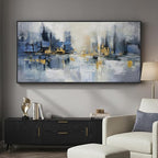 Framed Blue Abstract Wall Art for Living Room, Extra Large Modern Cityscape Canvas Artwork for Walls, Horizontal Contemporary Painting Print for Living Room Bedroom Office Wall Decor, 30x60 Inch