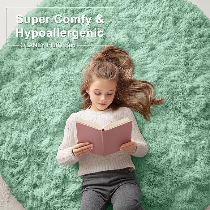 OLANLY Mint Green Round Rugs for Bedroom - Machine Washable, 8 ft Circle Area Rugs for Living Room, Soft and Fluffy Shaggy Carpet for Teen Girls and Boys, Nursery Rooms, Dorms, Home Decor Aesthetic