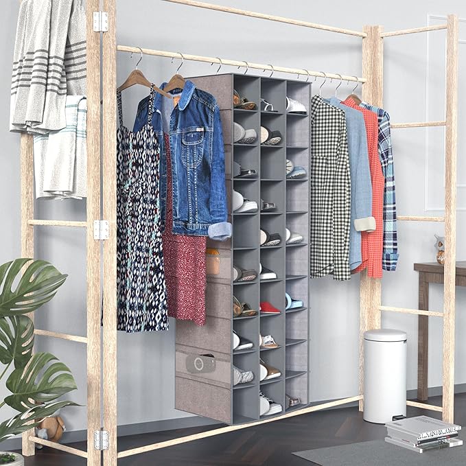 coastal rose Hanging Shoe Organizer, 30 Sections Hanging Shoe Organizer for Closet with 6 Mesh Pockets, Space Saving Hanging Shoe Rack, Grey Closet Shoe Organizer
