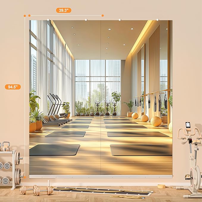 Hasipu Home Gym Mirror, 95"x40" Each, 2-Pack Frameless Wall Mounted Mirrors with Glass Clamps & 2 Aluminum Rail, Large Body Mirror for Home Gym, Yoga Studio, Bedroom, Silver Tempered Glass
