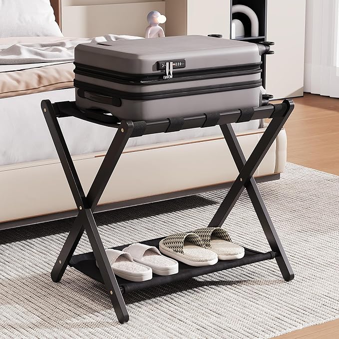 26.77" Full Assembled Luggage Rack for Guest Room, Set of 1 Bamboo Foldable Suitcase Stand, Bedroom & Hotel, Folding Luggage Holder with 5 Nylon Straps, 600D Oxford Fabric Shelf Black