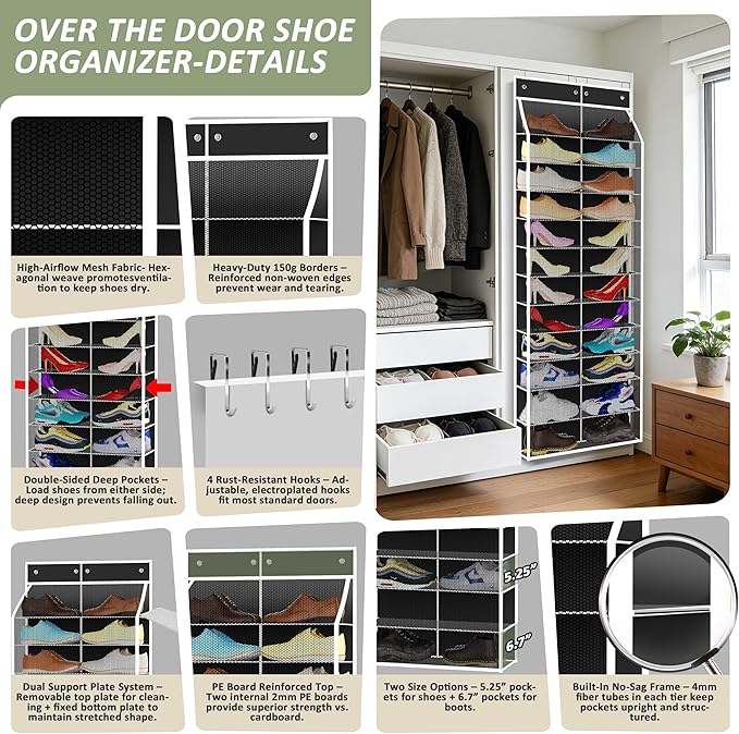 24-Pair Over Door Shoe Organizer for Family & Kids, Double Sided | Hanging Storage for Sneakers, Boots, Toys & Room Organization-Obsidian Black