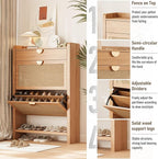 Rattan Shoe Storage Cabinet, Shoe Organizer with 2 Flip Drawers, Narrow Shoe Cabinet, Free Standing Hidden Shoe Storage, Shoe Rack for Entryway/Hallway/Closet, Natural Oak