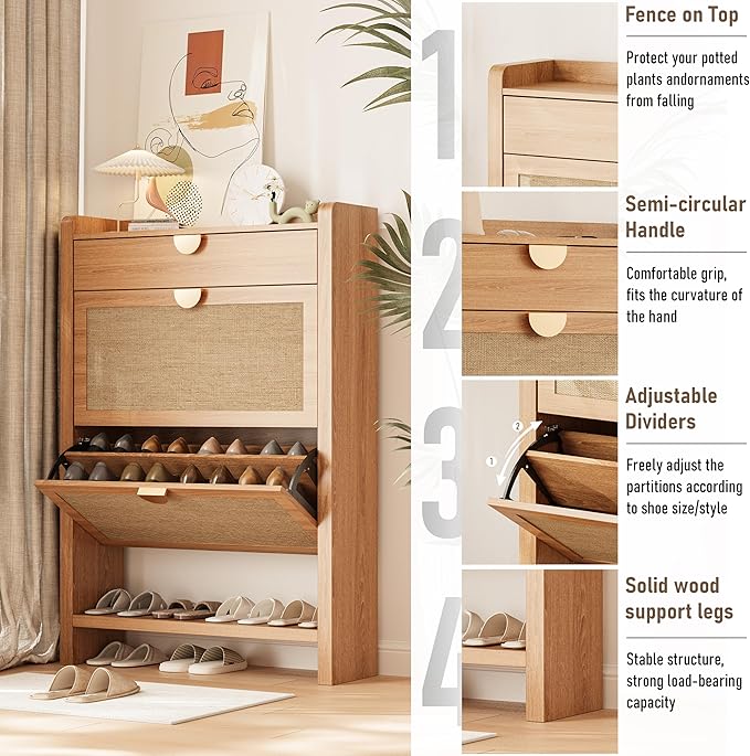 Rattan Shoe Storage Cabinet, Shoe Organizer with 2 Flip Drawers, Narrow Shoe Cabinet, Free Standing Hidden Shoe Storage, Shoe Rack for Entryway/Hallway/Closet, Natural Oak