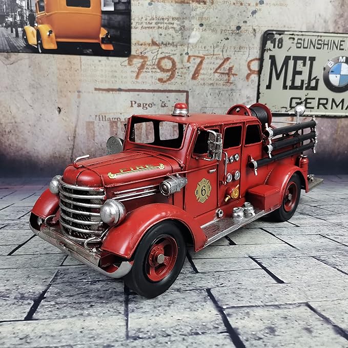 Truck Model Retro Fire Diecast Metal Miniature Vehicles Large Fire Fighting Truck Decor Home Antique Truck Decor Automotive Decor 16.4'' Long…