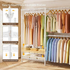 Heavy Duty Garment Rack Clothes Rack,Large Metal Closet Organizer System Storage Wardrobe,Freestanding Clothing Rack with 9 Adjustable Wire Shelves&3 Hang Rods,MaxLoad 1500lbs White