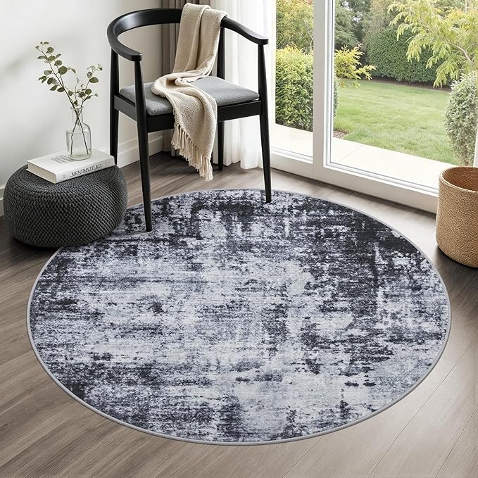 Round Area Rug for Living Room: 5 ft Washable Modern Abstract Soft Thin Rug Indoor Floor No Slip Stain Resistant Carpet for Bedroom Dining Room Farmhouse Nursery Home Office - Dark Black