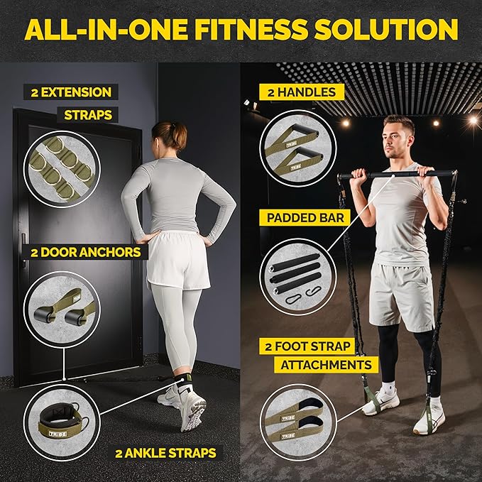 Tribe Lifting Tube Resistance Bands for Working Out Men and Women - 180lb Exercise Bands Set with Handles, Resistance Band Bar, Ankle Straps, Foot Straps, Door Anchor for Home Gym Strength Training