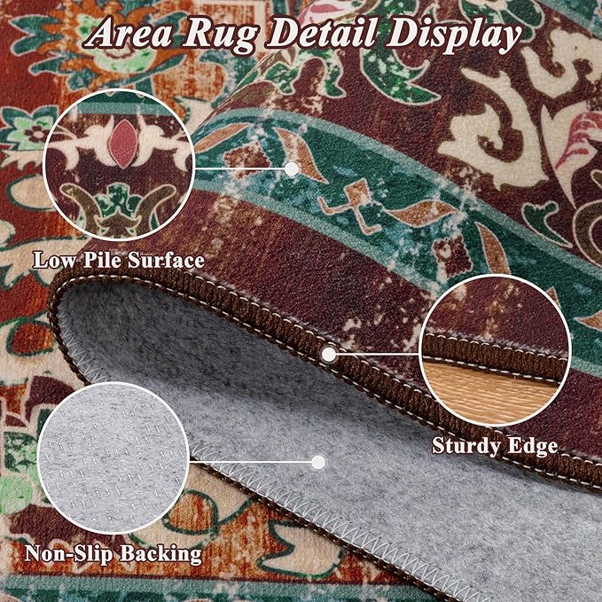 U'Artlines Boho Vintage Area Rug 4x6 ft Machine Washable Low Pile Soft Floor Carpet Non Slip Non Shedding Accent Rug for Living Room Bedroom Entryway Dining Room Office Rust＆Teal