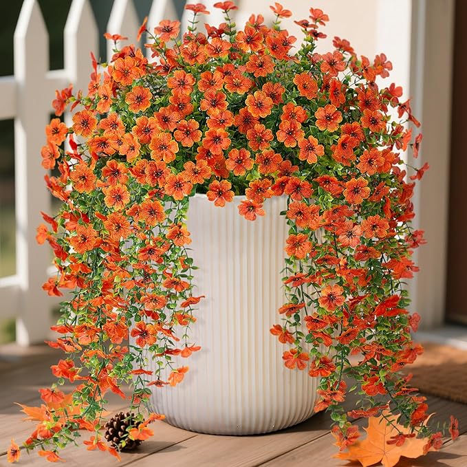 Artificial Hanging Flowers for Outdoors Fake Plants Decoration, 2 Packs Faux Silk Daisy Flower Realistic Outdoor Flowers UV Resistant Porch Patio Window Yard Indoor Spring Decor(Orange)