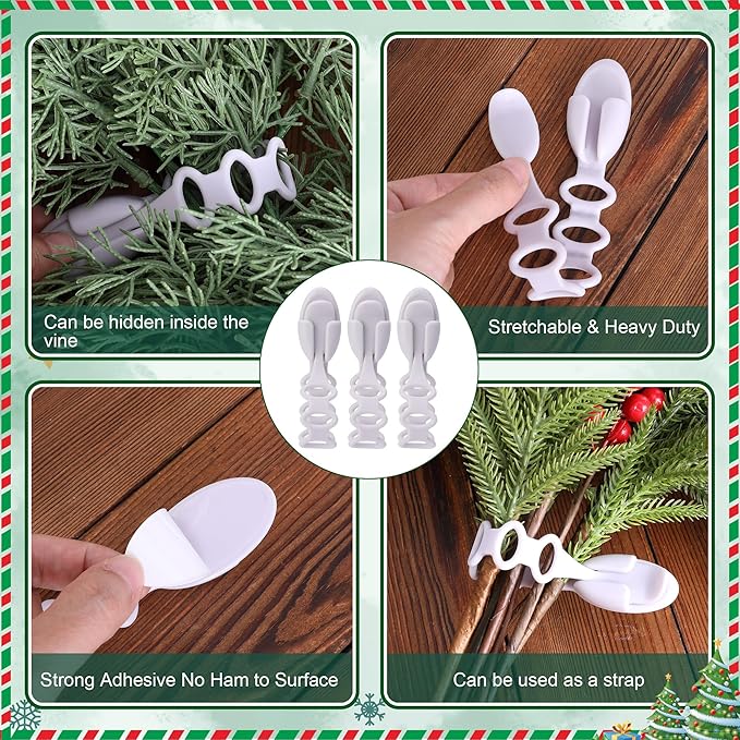 6 Pcs Christmas Wreath Holder Ties - 8.5" Adhesive Silicone Straps - Stretchable Hangers for Garland Mantle Stairways Decoration