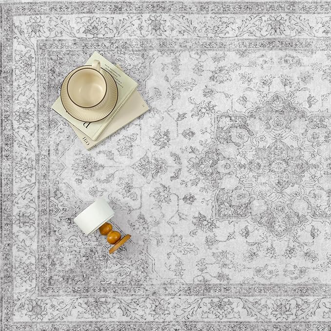 Grey Gray Area Rug 3x5 Washable Vintage Carpet for Entryway Office Soft Retro Kitchen Low Pile Thin Door Mat Non Slip Oriental Medallion Throw Rug for Bathroom Bedroom Dining Living Room