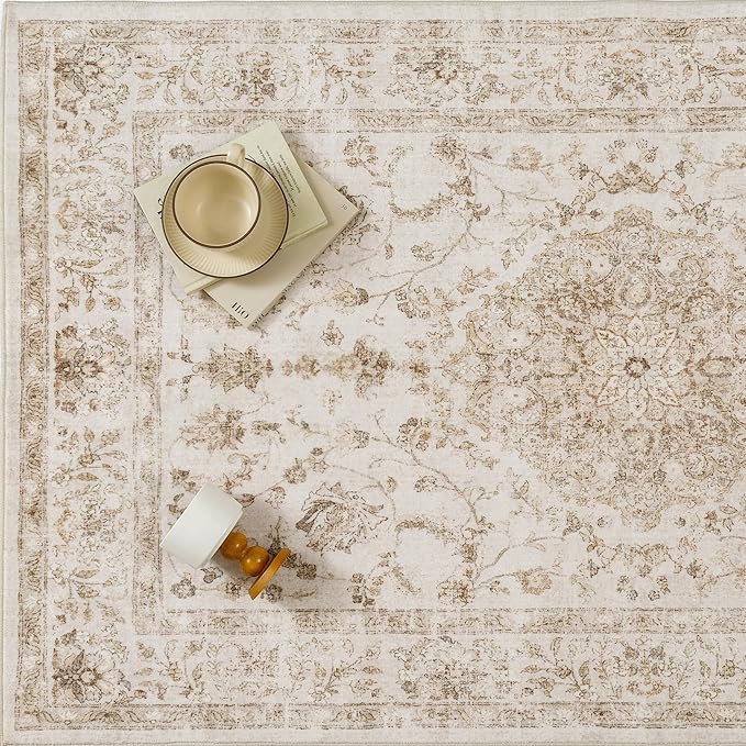 9x12 Beige Area Rug Washable Living Room Vintage Carpet Bedroom Distressed Large Non Slip Low Pile Thin Dining Room Office Medallion Accent Throw Rug