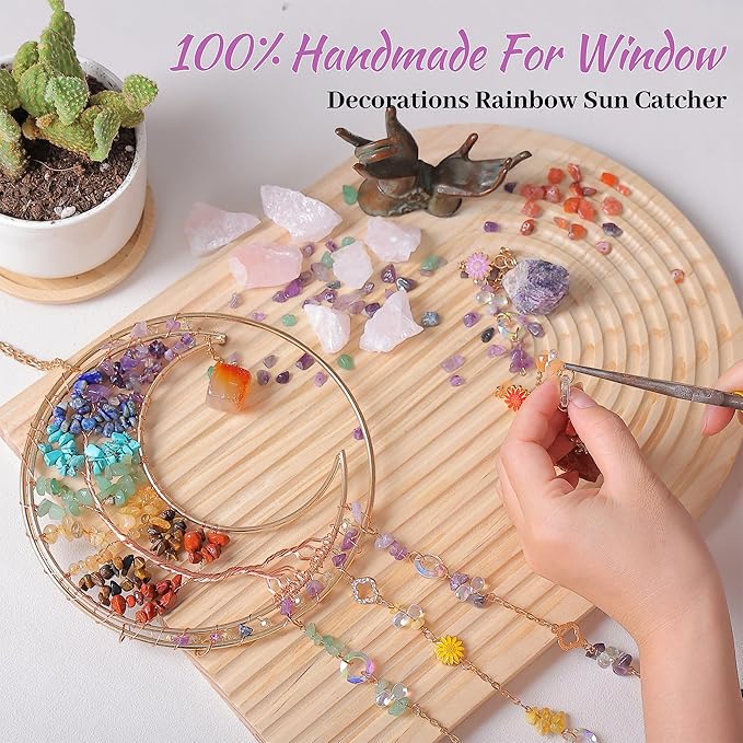 Crystal Dream Catchers Tree of Life Dream Catcher Wall Decor with Healing Crystal Stone & Fluorite Dream Catcher Crystals for Windows for Bedroom Home Decor Wedding Garden-Colorful