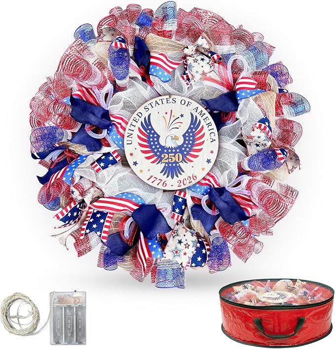 250th Anniversary Patriotic Wreaths for Front Door, 24 Inch Large 4th of July Wreath with Removable 1776-2026 Eagle Door Sign, Handcrafted Memorial Day Decorations with Light &Storage Bag
