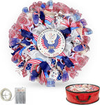 250th Anniversary Patriotic Wreaths for Front Door, 24 Inch Large 4th of July Wreath with Removable 1776-2026 Eagle Door Sign, Handcrafted Memorial Day Decorations with Light &Storage Bag