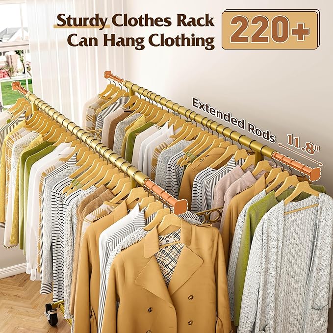 Raybee Clothes Rack Load 630LBS, Heavy Duty Clothes Rack, Rolling Clothing Racks for Hanging Clothes with Wheels, Adjustable & Commercial Garment Rack, 22" D x 75" W x 68" H, Gold