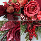 24" Decorative Teardrop Swag, Artificial Christmas Swag with Red Hydrangea & Baubles, Purple Bowknot, Red Berries, Sparkling Leaves, Pine Needles