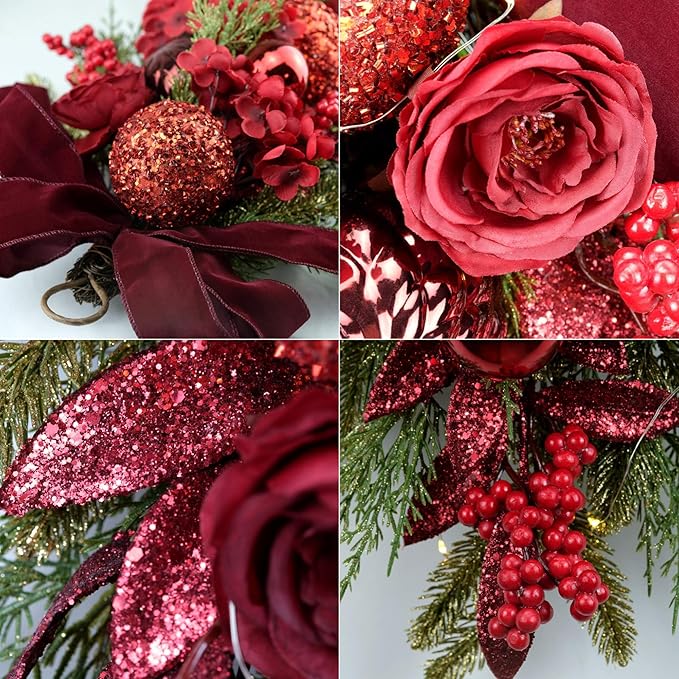 24" Decorative Teardrop Swag, Artificial Christmas Swag with Red Hydrangea & Baubles, Purple Bowknot, Red Berries, Sparkling Leaves, Pine Needles