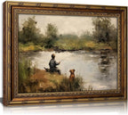 Vintage Gold Framed Wall Art Boy Fishing Country Oil Painting Canvas Prints Peaceful Lake Landscape with Dog Picture Rustic Farmhouse Poster Artwork for Nursery Living Room Bedroom, 12x16in