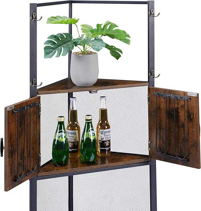 VECELO 4 Tier Corner Cabinet, 59" Tall Standing Organizer with 4 Dual-Hooks, Rustic Brown Storage Rack, Narrow Bookshelf Display Shelves Rack for Wall Corner, Living Room, Kitchen, Bedroom, Office