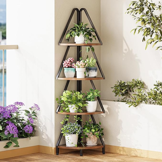 Espelism 4-Tier Corner Shelf Stand, 53.1” Tall Industrial Standing Display Shelf Storage Rack,Narrow Plant Stand,Tree Design Corner Bookshelf for Living Room, Bedroom, Office (Brown, 4-Tier)