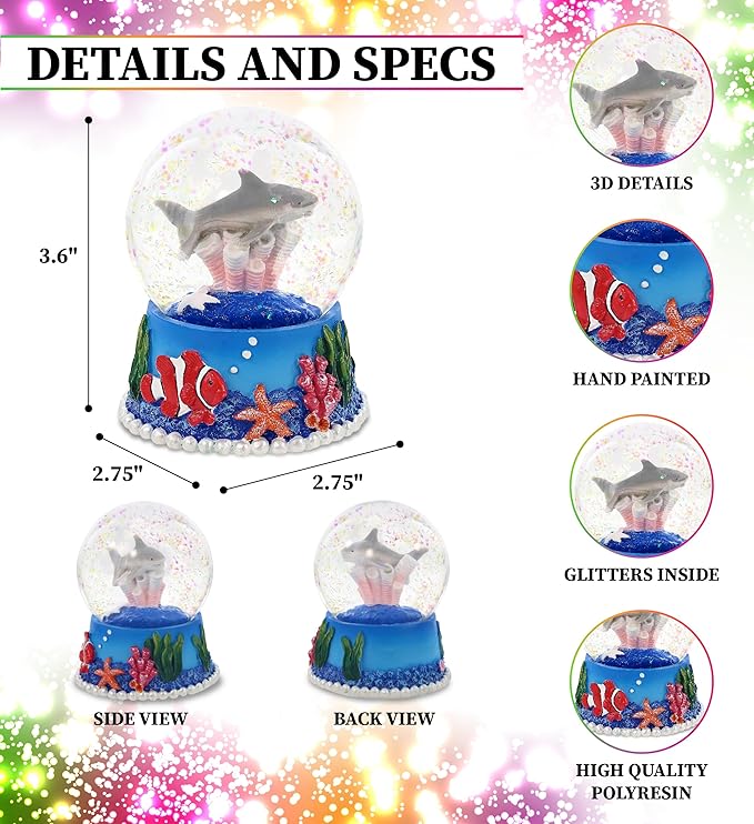 CoTa Global Shark Coral Snow Globe Decor - Elegant Pink Sparkle Glitter Inside The Snow Globe Figure, Animal Figurines for Kids and Adults, Collectible Snow Globes for Birthday, Christmas - 65 mm