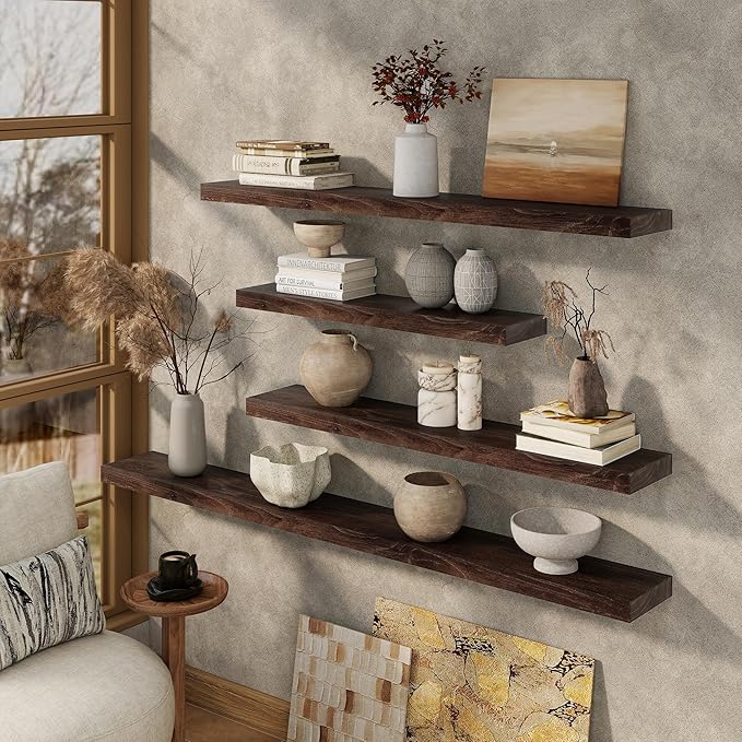 Marsmiles 55 inch Floating Shelves for Wall Solid Elm Wood Wall Mounted Shelves|Rustic Long Floating Shelves with Invisible Bracket for Bathroom Living Room Kitchen|Walnut, 1 Pack