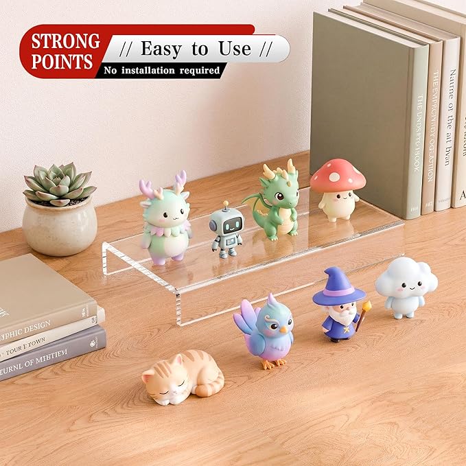 Sezanrpt Acrylic Shelf Riser 8x3.9x1 pack of 2, Countertop Acrylic Display Storage Organizer for Figure, Cosmetics, Bags, Shoes, Toys, Collectibles, 8x3.9x1 Inch