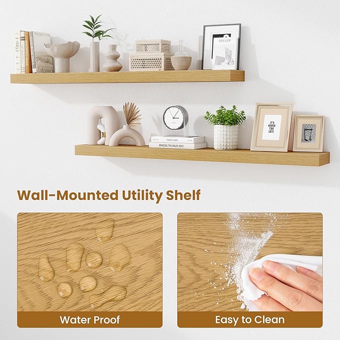 Fun Memories Floating Shelves 48 Inch, Extra Large Wood Shelf Set of 2, Hanging Wall Shelves for Bathroom, Living Room, Kitchen, Bedroom, Oak