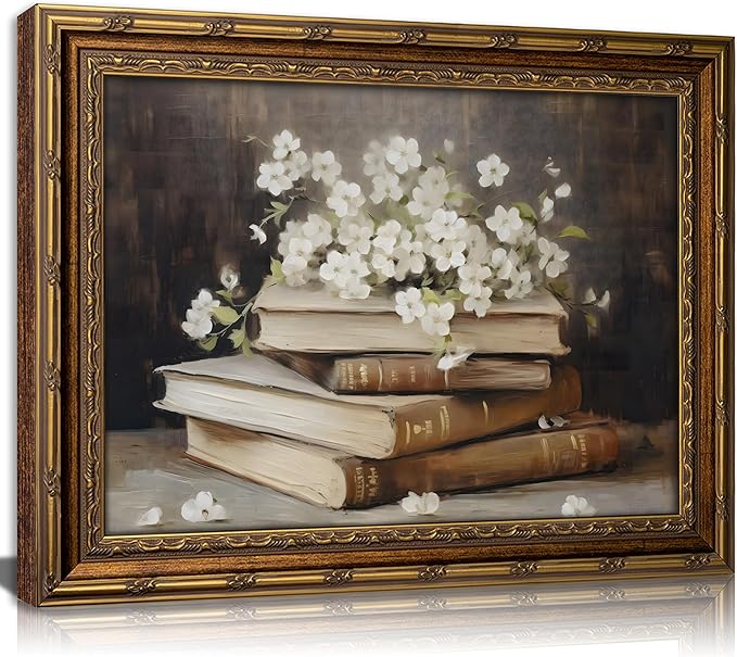 Vintage Gold Framed Wall Art Retro Moody Books and Flowers Oil Painting Canvas Print Dark Academia Decor Rustic Farmhouse Dark Floral Picture Poster Artwork for Study Library Office Bedroom