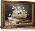 Vintage Gold Framed Wall Art Retro Moody Books and Flowers Oil Painting Canvas Print Dark Academia Decor Rustic Farmhouse Dark Floral Picture Poster Artwork for Study Library Office Bedroom