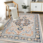 U'Artlines Boho Vintage Area Rug 3x5 Machine Washable Low Pile Soft Floor Carpet Non Slip Non Shedding Accent Rug for Living Room Bedroom Entryway Dining Room Office Orange Blue