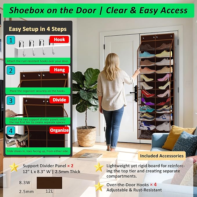 24-Pair Over Door Shoe Organizer for Family & Kids, Double Sided | Hanging Storage for Sneakers, Boots, Toys & Room Organization-Pearl Whitet-Walnut Brown