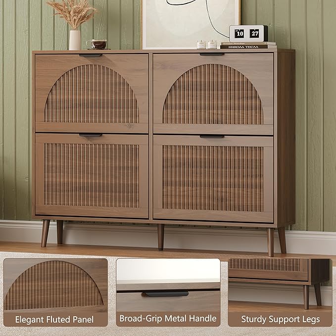 Shoe Cabinet for Entryway with 4 Flip Drawers, Slim Wooden Shoe Storage Organizer with Modern Fluted Pannel，Freestanding Narrow Hidden Shoe Rack for Hallway, Foyer, Living Room