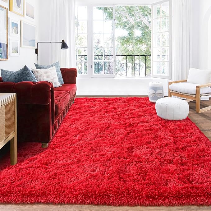 Rugs for Living Room 8x10, Soft Shaggy Modern Shag Area Rug for Bedroom, Upgrade Non-Slip Plush Fluffy Carpet for Kids Boys Girls Room Home Decor Aesthetic, Red