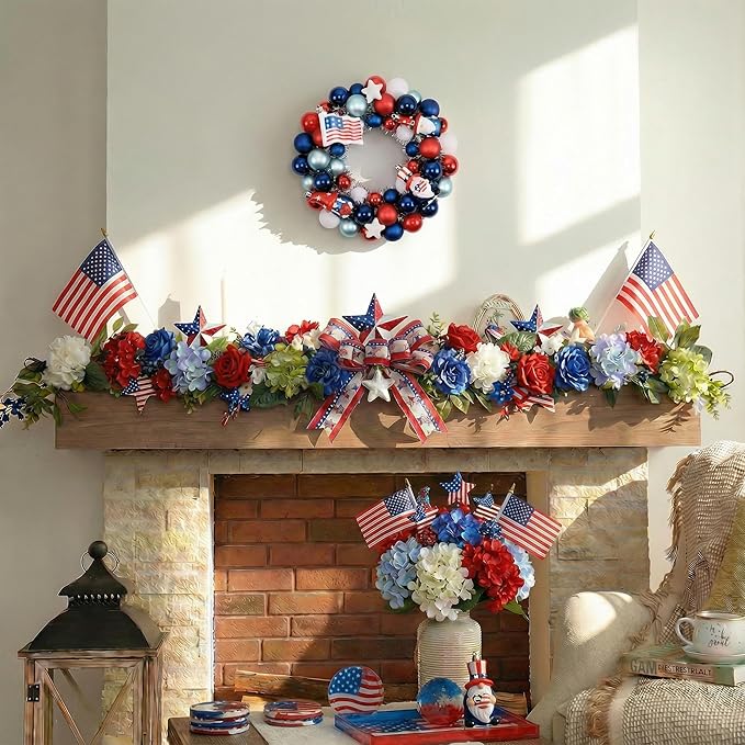 Valery Madelyn 4th of July Ball Wreath for Front Door with Lights, Red White Blue Patriotic Gnome Wreath Memorial Day Decorations with Ball Ornaments for USA 250th Anniversary Summer, 13"